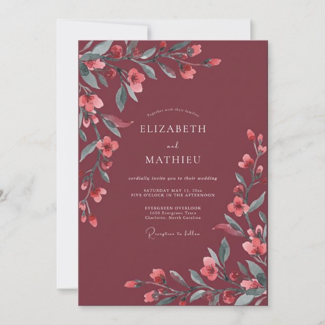 Maroon Dreamy Blossom Wedding Invitation (Front)