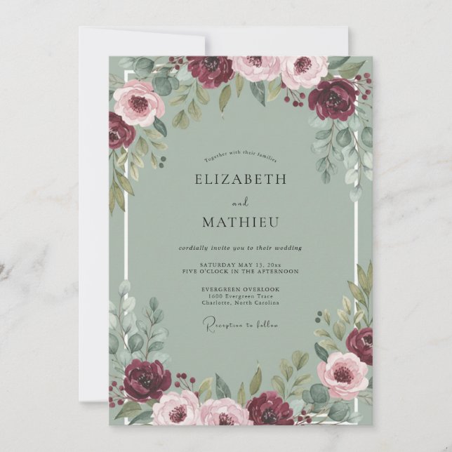 Maroon Dusty Celadon Peony Wedding Invitation (Front)