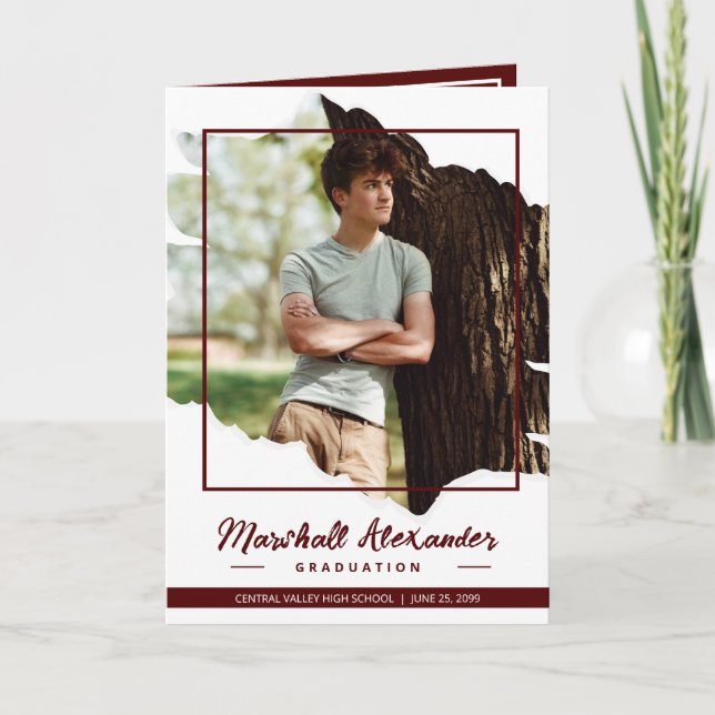 Maroon Edgy Abstract Torn Photo Graduation Invitation (Front)