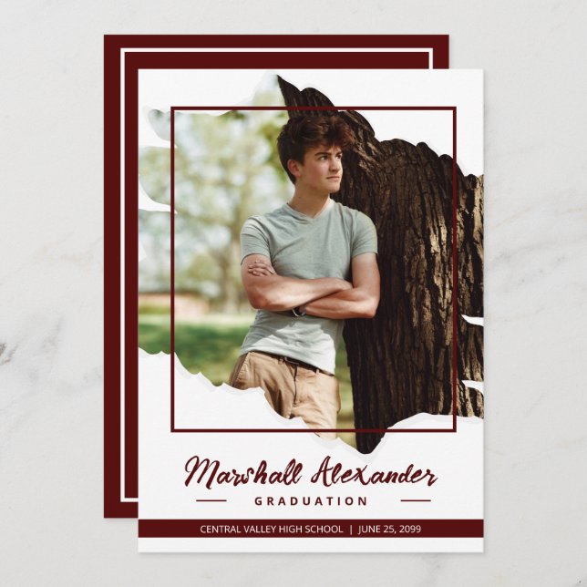 Maroon Edgy Abstract Torn Photo Graduation Invitation (Front/Back)