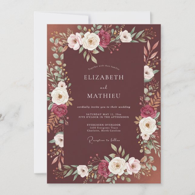 Maroon Elegant Floral Wedding Invitation (Front)