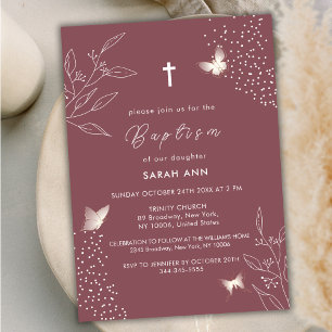 Maroon Elegant Leaves Butterfly Cross Baptism Invitation