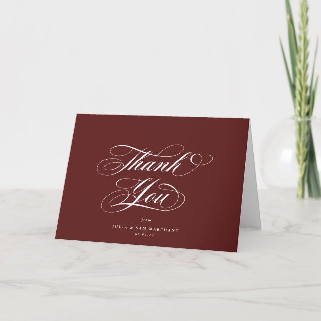 Maroon Elegant Script Blank Wedding Thank You Card (Front)