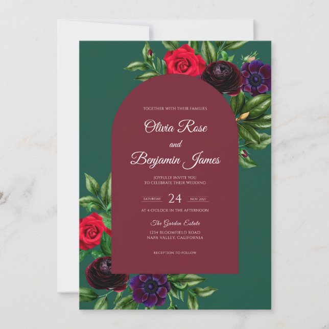 Maroon Emerald Vine Wedding Invitation (Front)