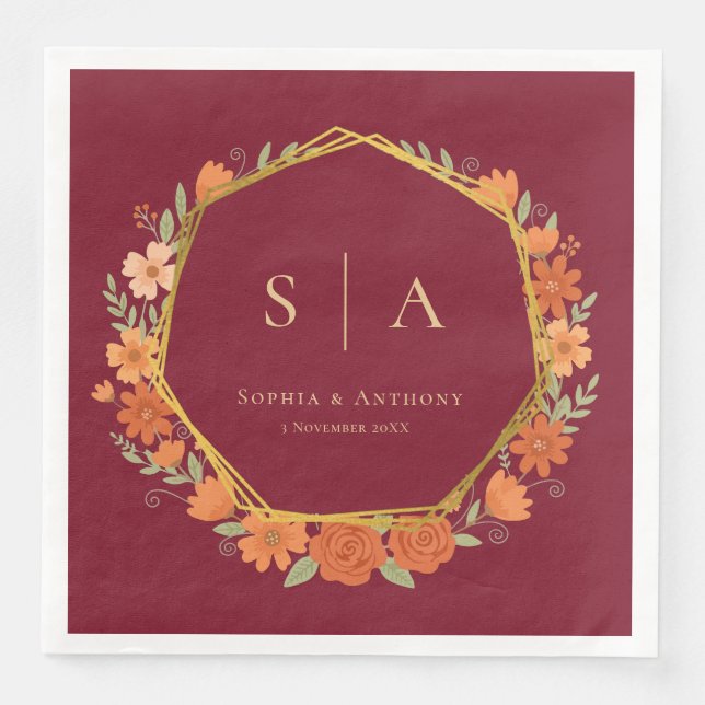 Maroon Fall Floral Wedding Napkins (Front)