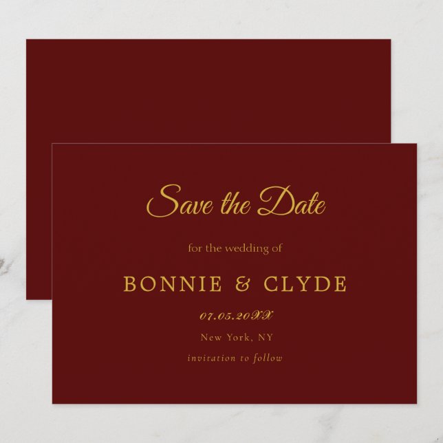 Maroon Flat Wedding Save the Date with Modern Styl (Front/Back)