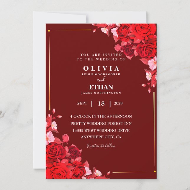 maroon floral and leaves Elegant wedding card (Front)