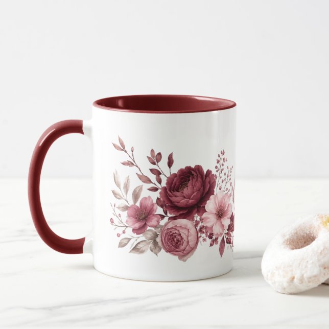 Maroon Floral Botanica Mug (With Donut)