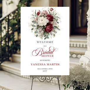 Maroon Floral Eucalyptus Gold Bridal Welcome Sign