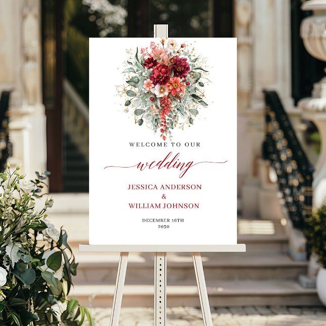 Maroon Floral Greenery Bohemian Fall Wedding Sign (Maroon Floral Greenery Bohemian Fall Wedding Welcome

)