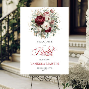 Maroon Floral Greenery Bridal Shower Welcome Poster