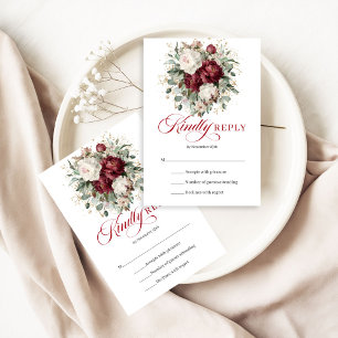Maroon Floral Greenery Gold Wedding RSVP Card