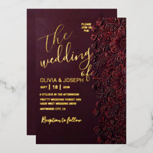 Maroon floral Overlay Gold Foil Wedding Invitation