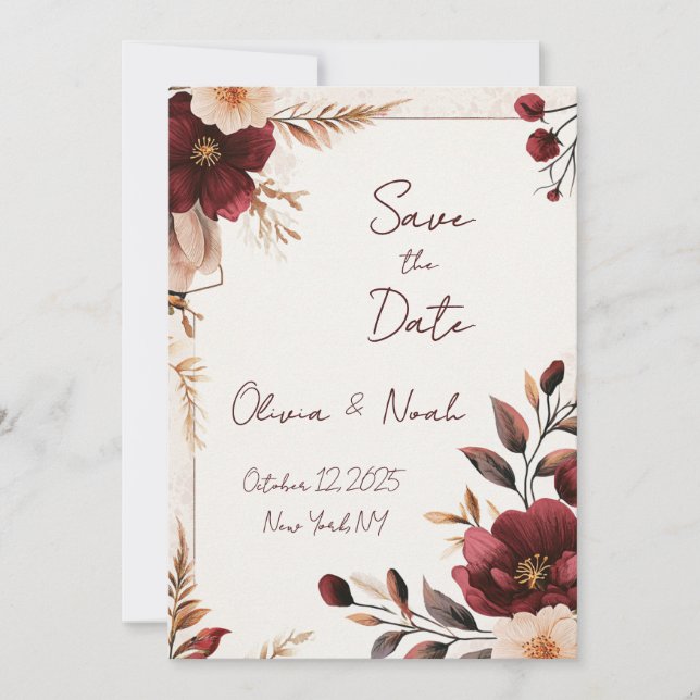 Maroon Floral Save the Date Invitation (Front)