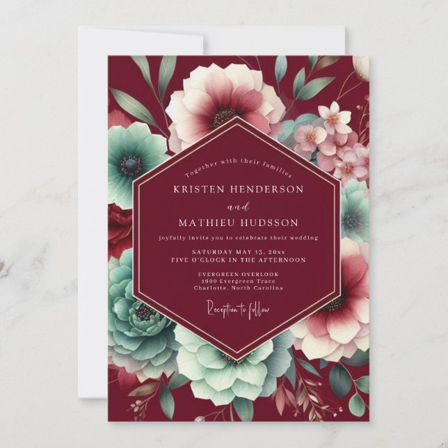 Maroon Floral Whimsy Wedding Invitation (Front)