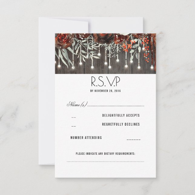 Maroon Flowers Rustic String Lights Wedding RSVP (Front)