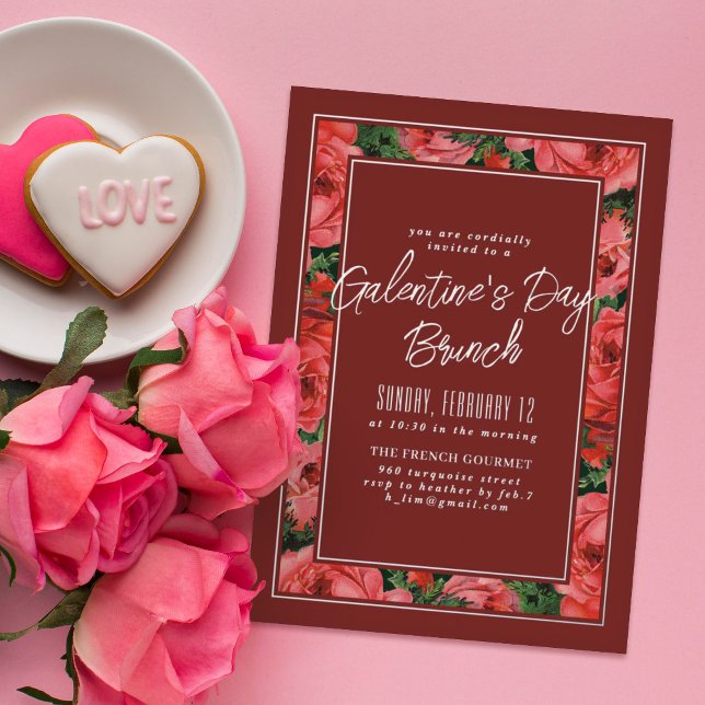 Maroon Foil Rose Frame Galentine's Day Invitation (Creator Uploaded)