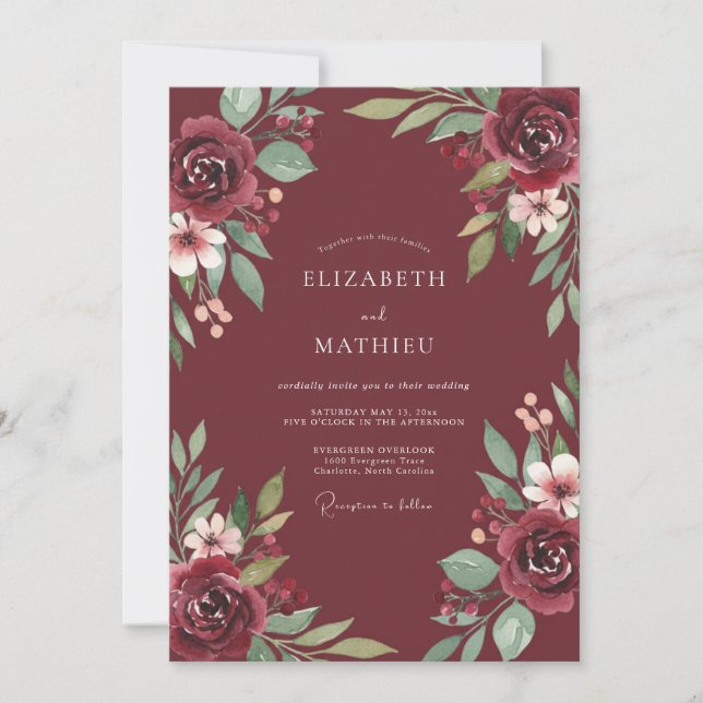Maroon Foliage Eucalyptus Wedding Invitation (Front)