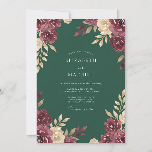 Maroon Forest Watercolor Wedding Invitation (Front)