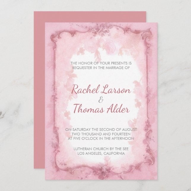 Maroon Frame And Light Pink Roses Wedding Invitation (Front/Back)