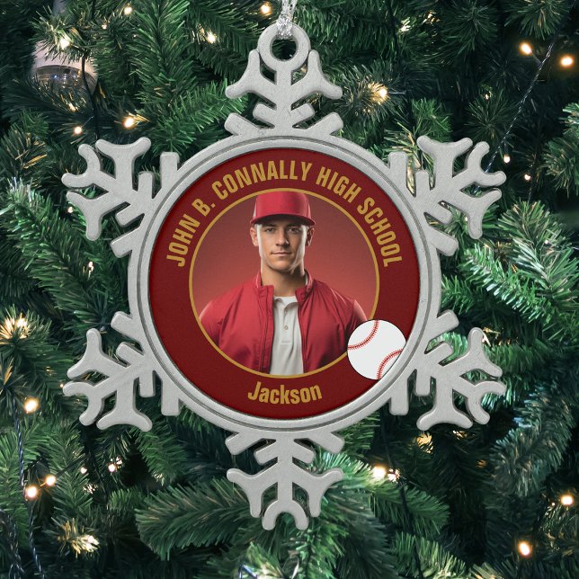 Maroon Gold Baseball Player Photo High School Snowflake Pewter Christmas Ornament (Creator Uploaded)