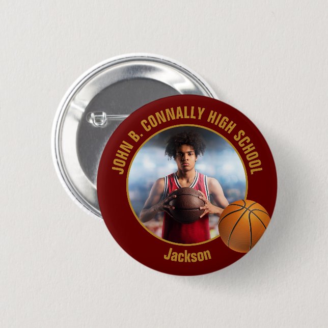 Maroon Gold Basketball Player Photo High School 6 Cm Round Badge (Front & Back)