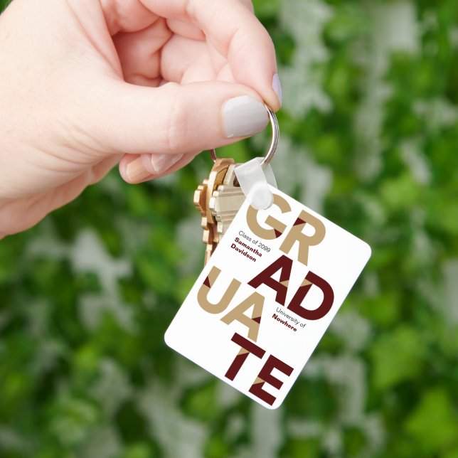 Maroon Gold Big Bold Angle-Cut Letters Graduation Key Ring (Hand)