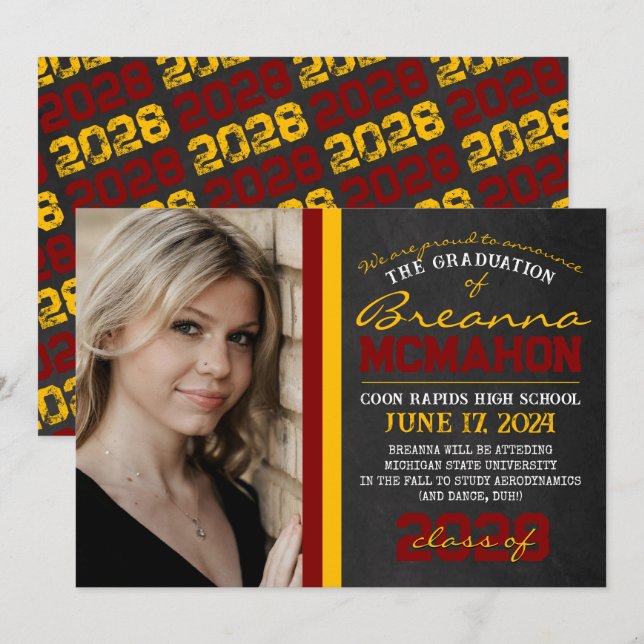 Maroon & Gold Chalkboard Graduation Announcement (Front/Back)