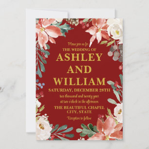 Maroon Gold Chic Christmas Winter Greenery Wedding Invitation