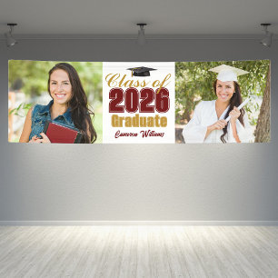 Maroon Gold Class of 2026 2 Photo Graduation Party Banner