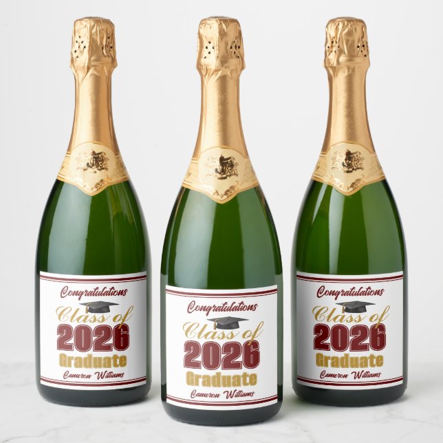 Maroon Gold Class of 2026 Custom Graduation Party Sparkling Wine Label (Bottles)