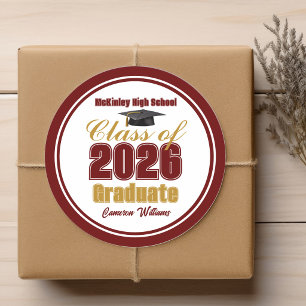Maroon Gold Class of 2026 Graduation Party Classic Round Sticker