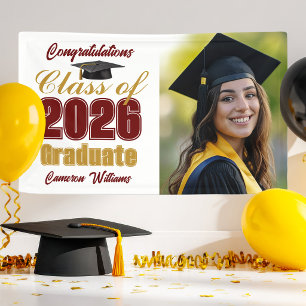 Maroon Gold Class of 2026 Graduation Party Photo Banner