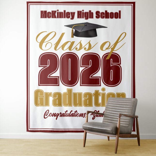 Maroon Gold Class of 2026 Graduation Photo Booth Tapestry (In Situ)