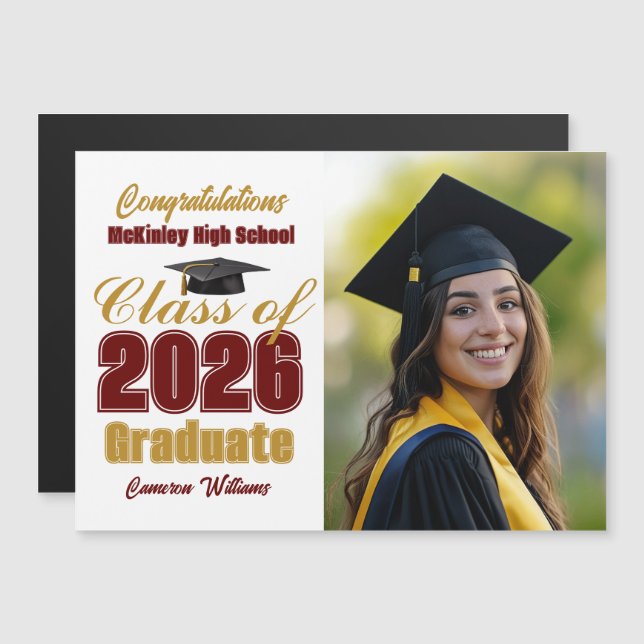 Maroon Gold Class of 2026 Graduation Photo Magnet (Front/Back)