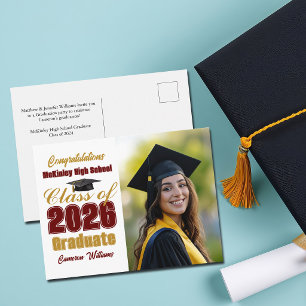 Maroon Gold Class of 2026 Photo Graduation Announcement Postcard