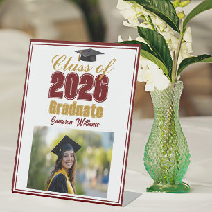 Maroon Gold Class of 2026 Photo Graduation Party Pedestal Sign