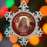 Maroon Gold Color Guard Photo High School Dancer Snowflake Pewter Christmas Ornament<br><div class="desc">This cool customized high school color guard photo gift features gold typography of your team and dancer name on a maroon Christmas ornament with a silhouette of a girl leaping and flag spinning. Personalize with your student's photograph and class year as a proud parent.</div>