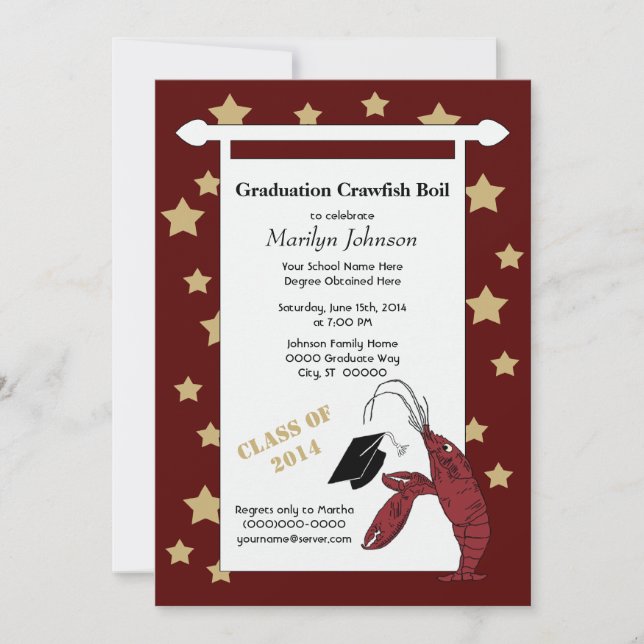 Maroon Gold Crawfish / Lobster Stars Graduation Invitation (Front)