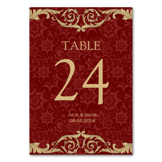 Maroon Gold Damask Wedding Table Cards (Front)
