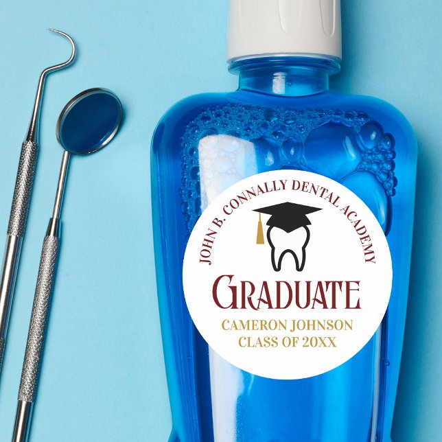 Maroon Gold Dental School Graduation Party Classic Round Sticker (Creator Uploaded)