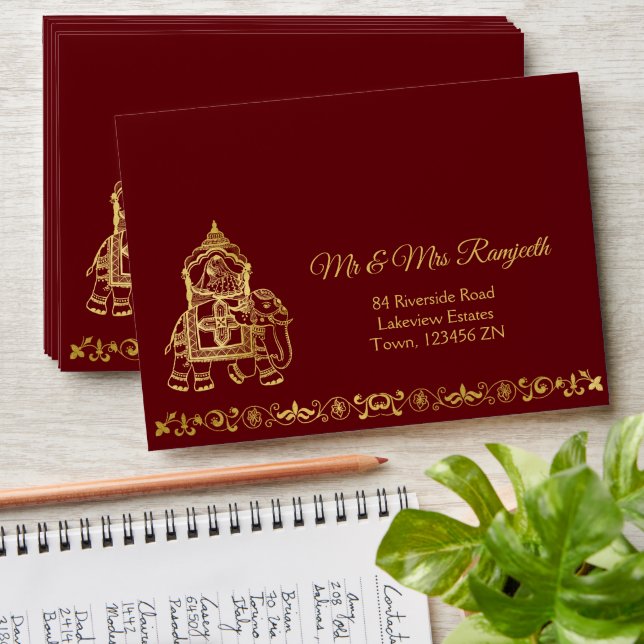 Maroon gold elephant Indian brides luxury wedding Envelope (Stacked)