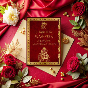 Maroon gold elephant Indian brides luxury wedding Invitation
