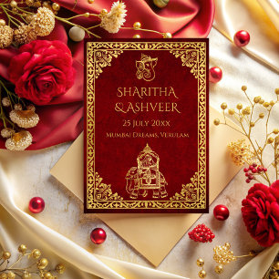Maroon gold elephant Indian brides luxury wedding Invitation