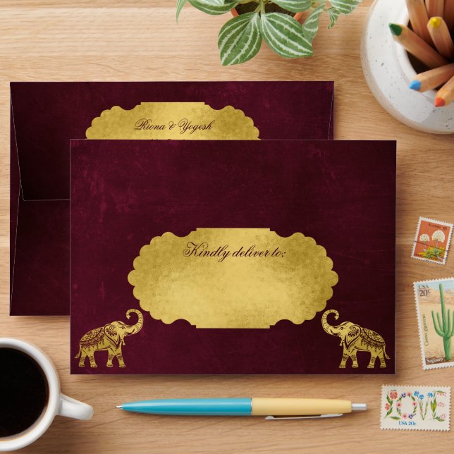 Maroon gold elephants Indian wedding matching 5x7 Envelope (Desk)