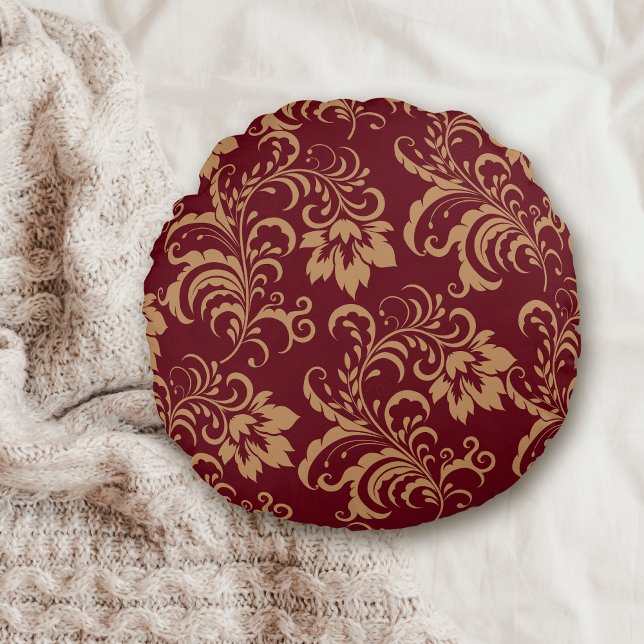 Maroon Gold Floral Swirl Round Cushion (Creator Uploaded)
