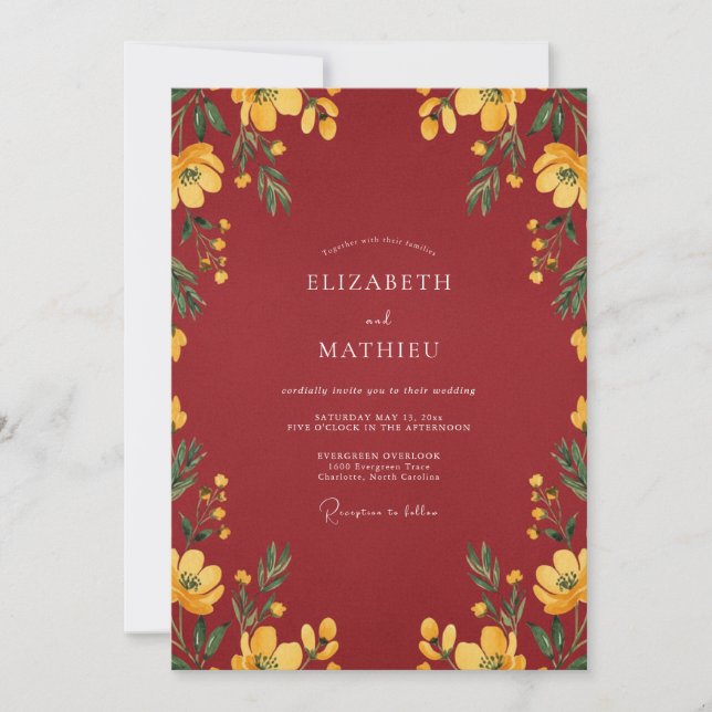 Maroon Gold Floral Wedding Invitation (Front)