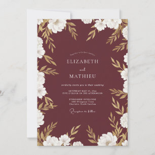 Maroon Gold Foliage Eucalyptus Wedding Invitation