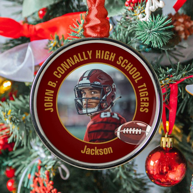 Maroon Gold Football Player Photo Christmas Metal Tree Decoration (Creator Uploaded)