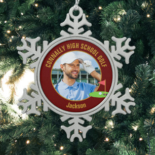 Maroon Gold Golfer Photo High School Golf Team Snowflake Pewter Christmas Ornament